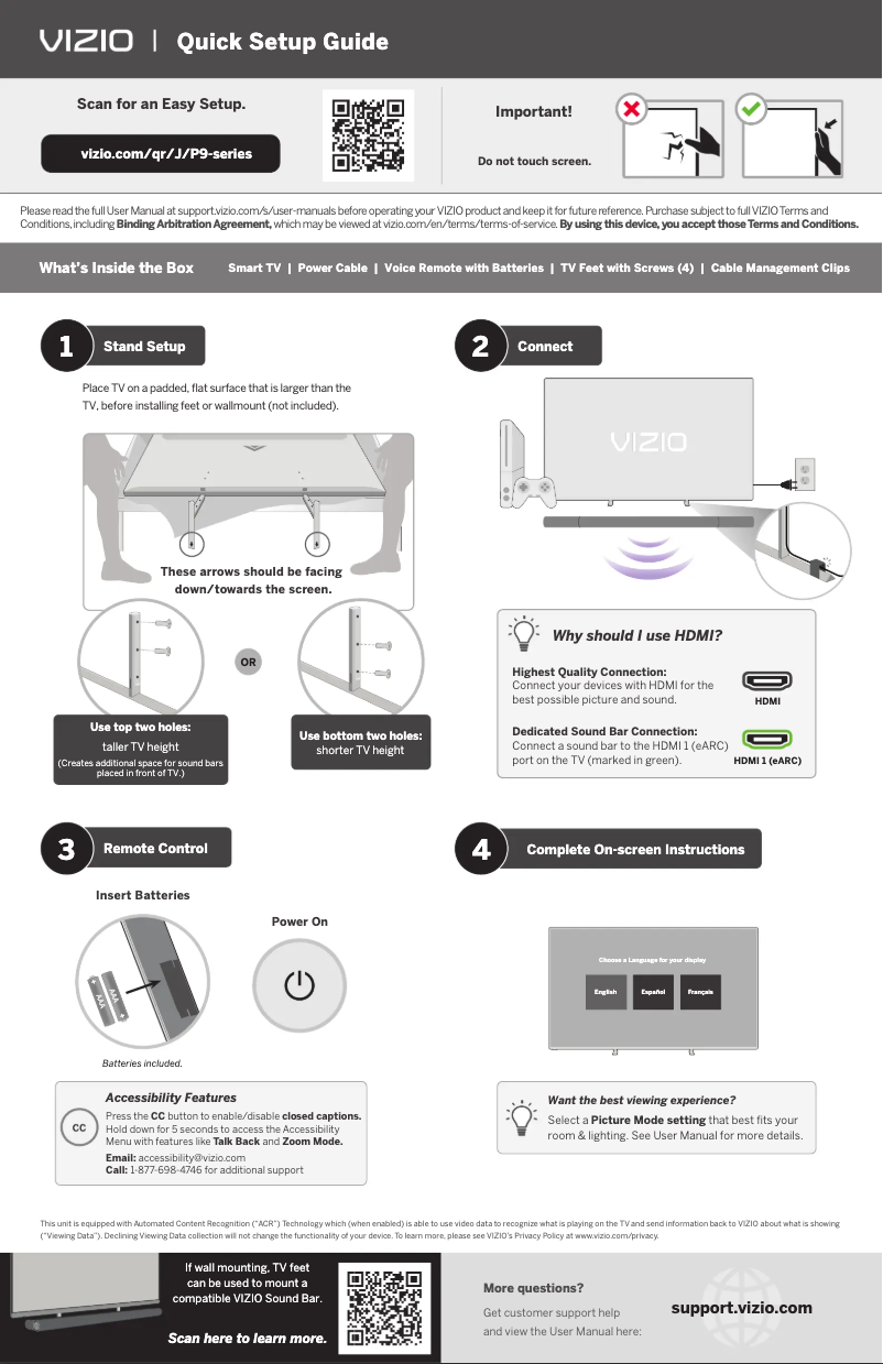 Page 1 de la notice Guide de démarrage rapide VIZIO P75Q9-J01