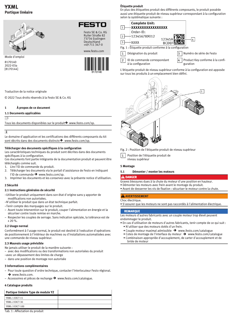 Page 1 de la notice Manuel utilisateur Festo YXML-3