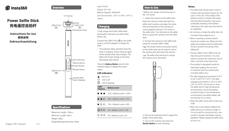 Page 1 de la notice Manuel utilisateur Insta360 Power Selfie Stick
