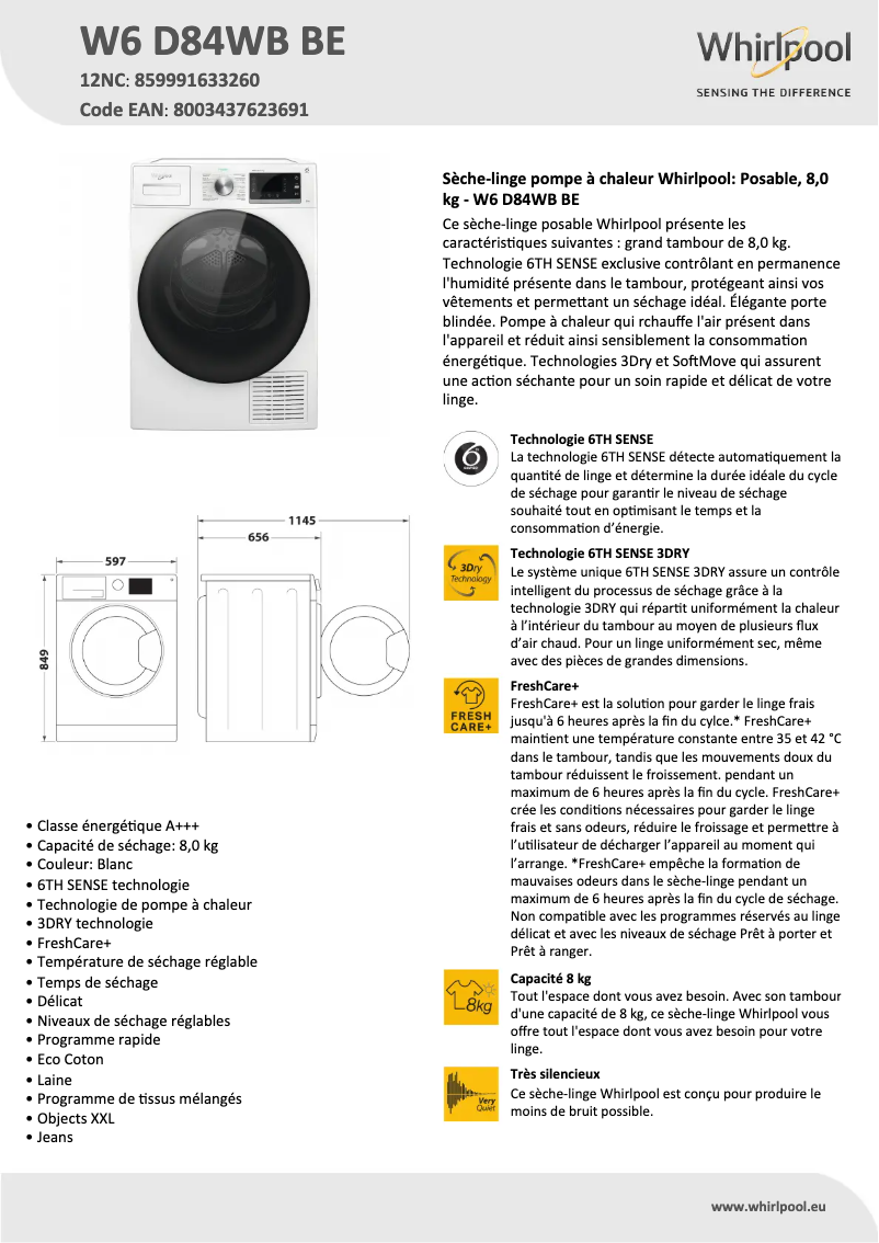Página 1 del manual Ficha técnica Whirlpool W6 D84WB BE