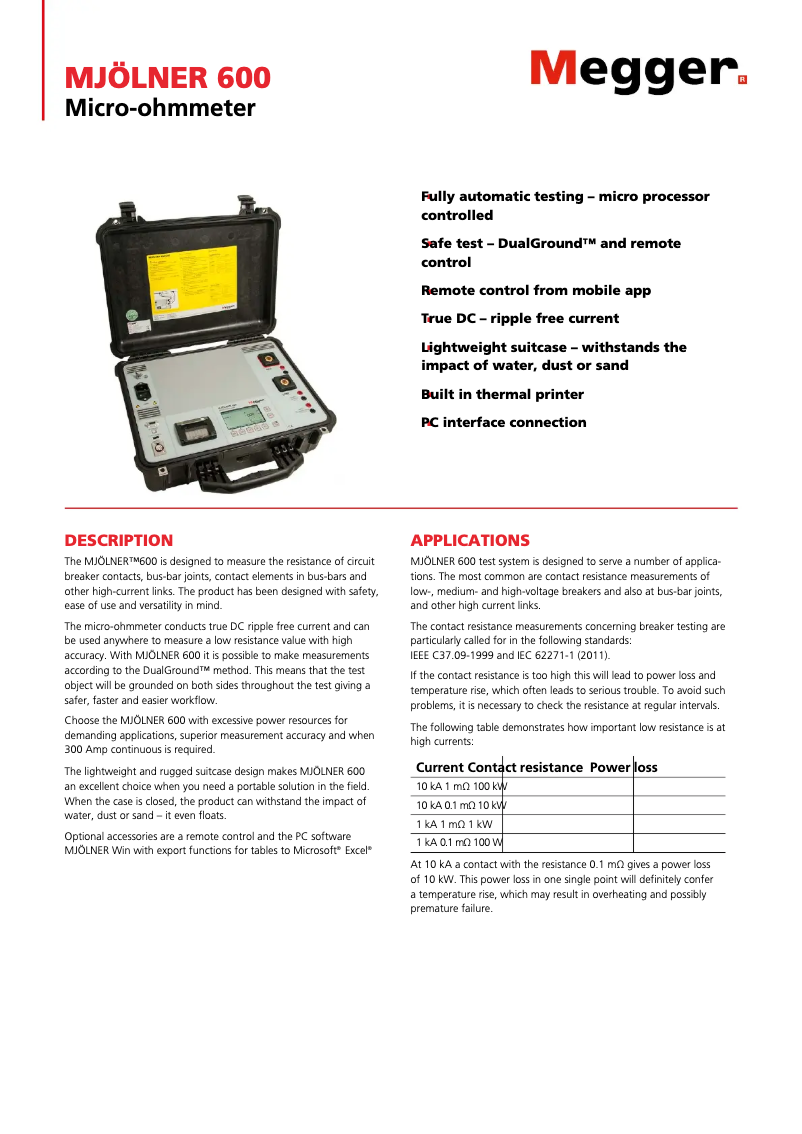 Page 1 de la notice Fiche technique Megger MJÖLNER 600