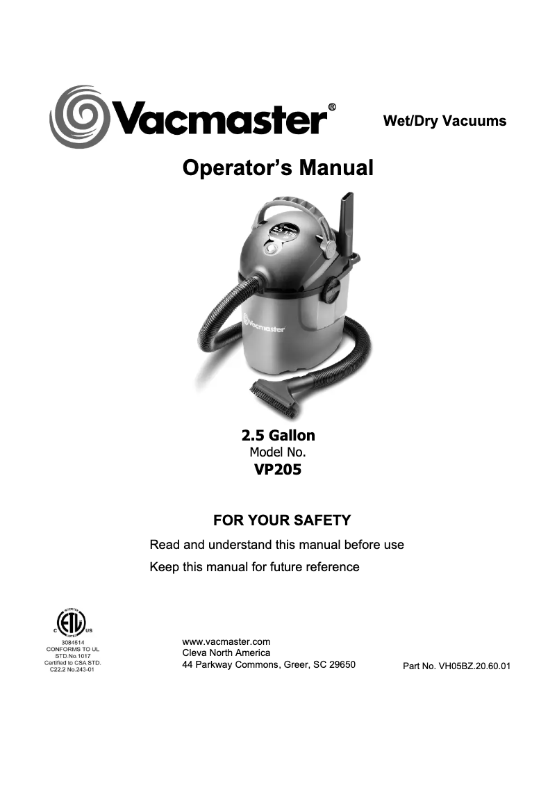 Page n°1 - Manuel utilisateur Vacmaster VP205