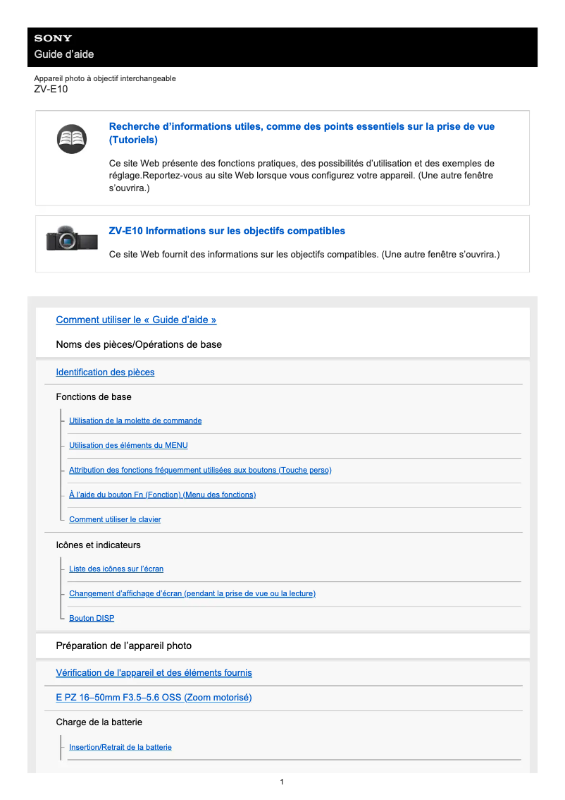 Page 1 de la notice Manuel utilisateur Sony ZV-E10