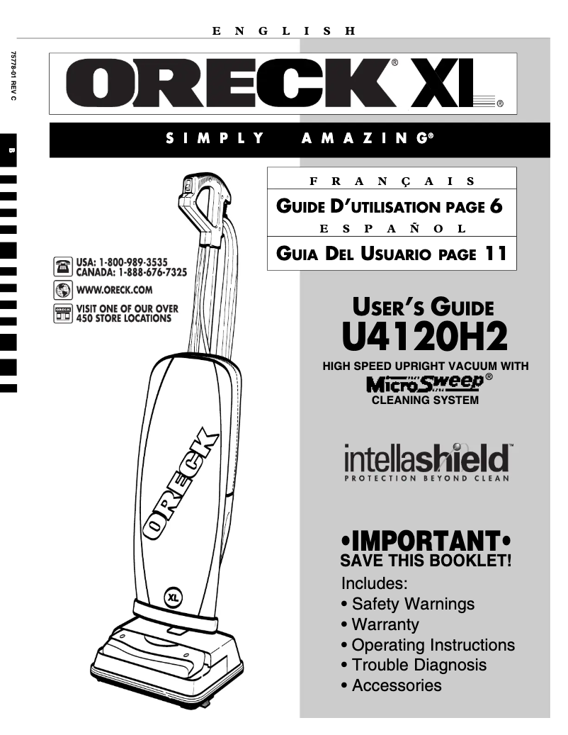 Page n°1 - Manuel utilisateur Oreck XL Ultra U4120H2