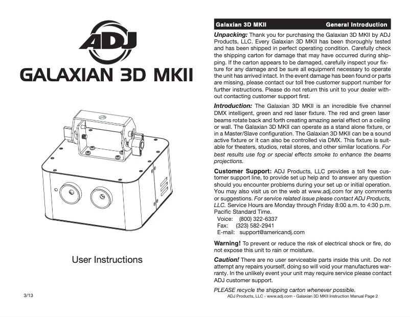 Page 1 de la notice Manuel utilisateur Adj Galaxian 3D MKII