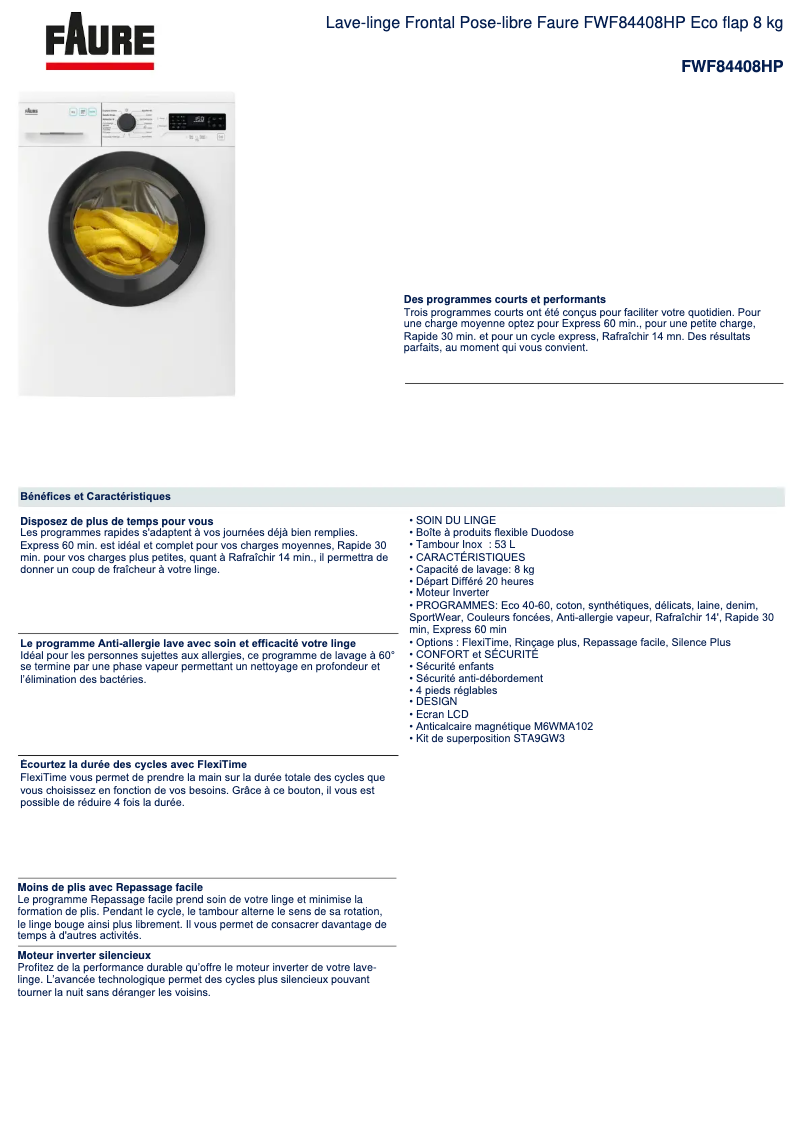 Page 1 de la notice Fiche technique Faure FWF84408HP