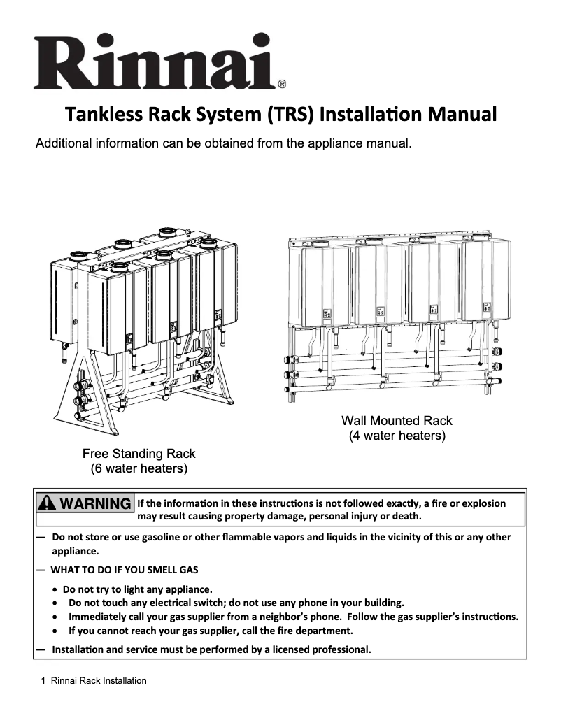 Page 1 de la notice Guide d'installation Rinnai Tankless Rack System TRS06IN