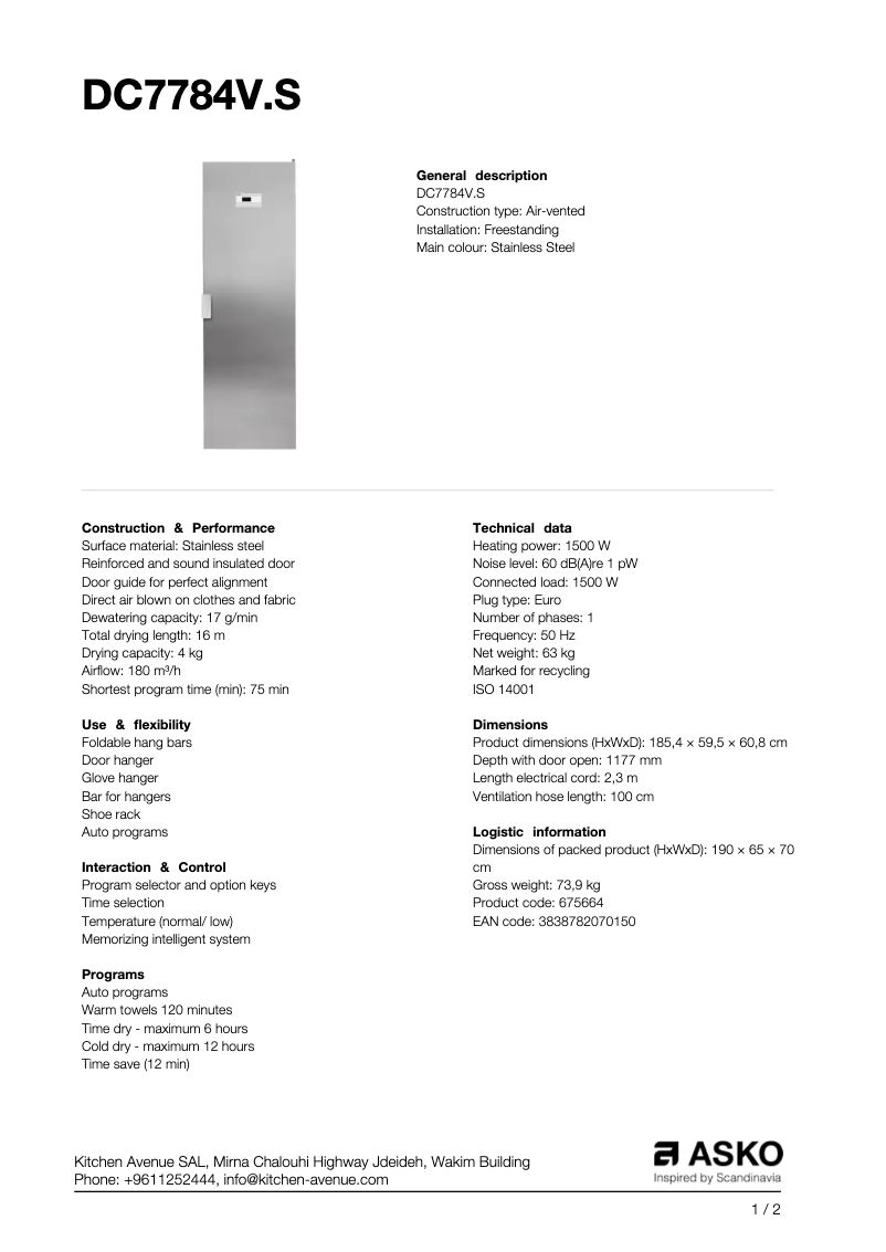 Page 1 de la notice Fiche technique Asko DC7784VS