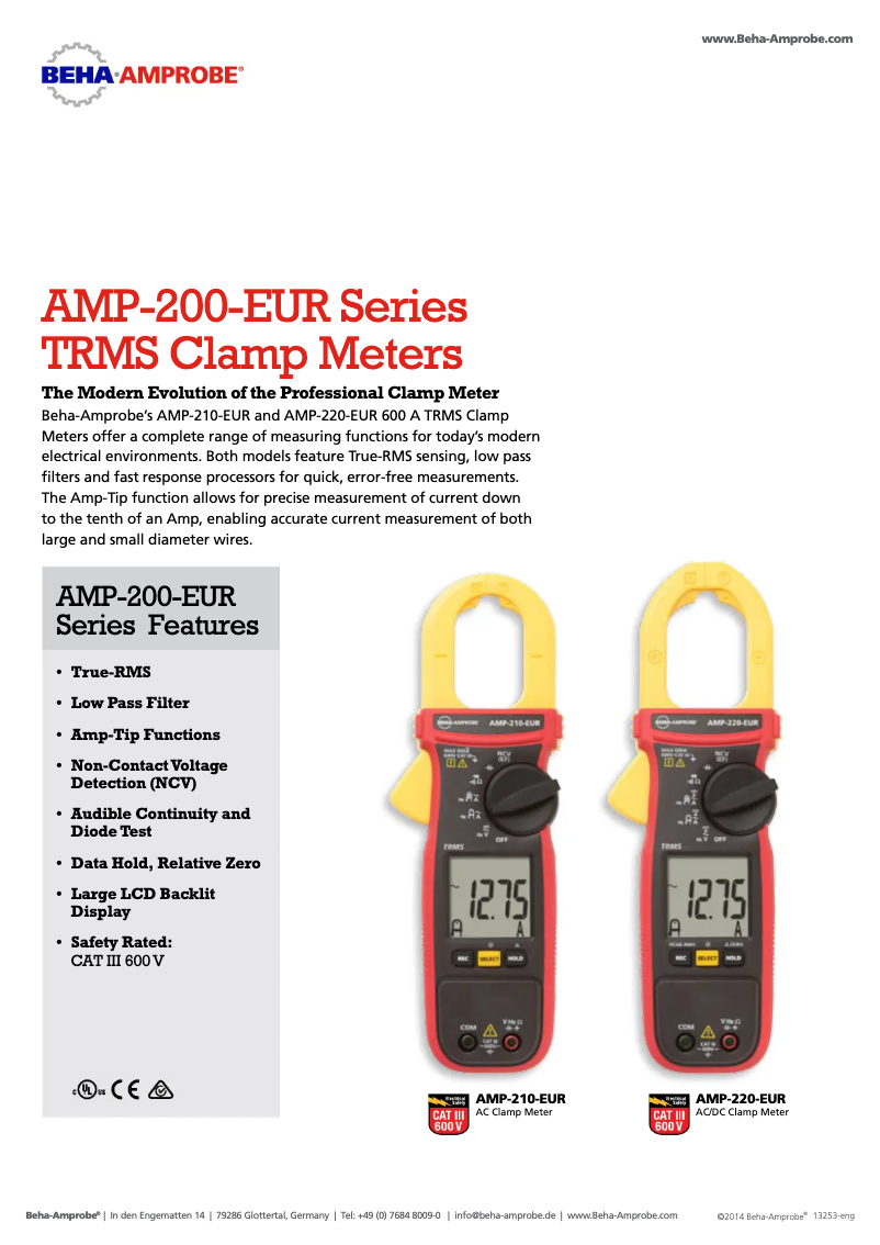 Page 1 de la notice Fiche technique Beha-Amprobe AMP-210-EUR