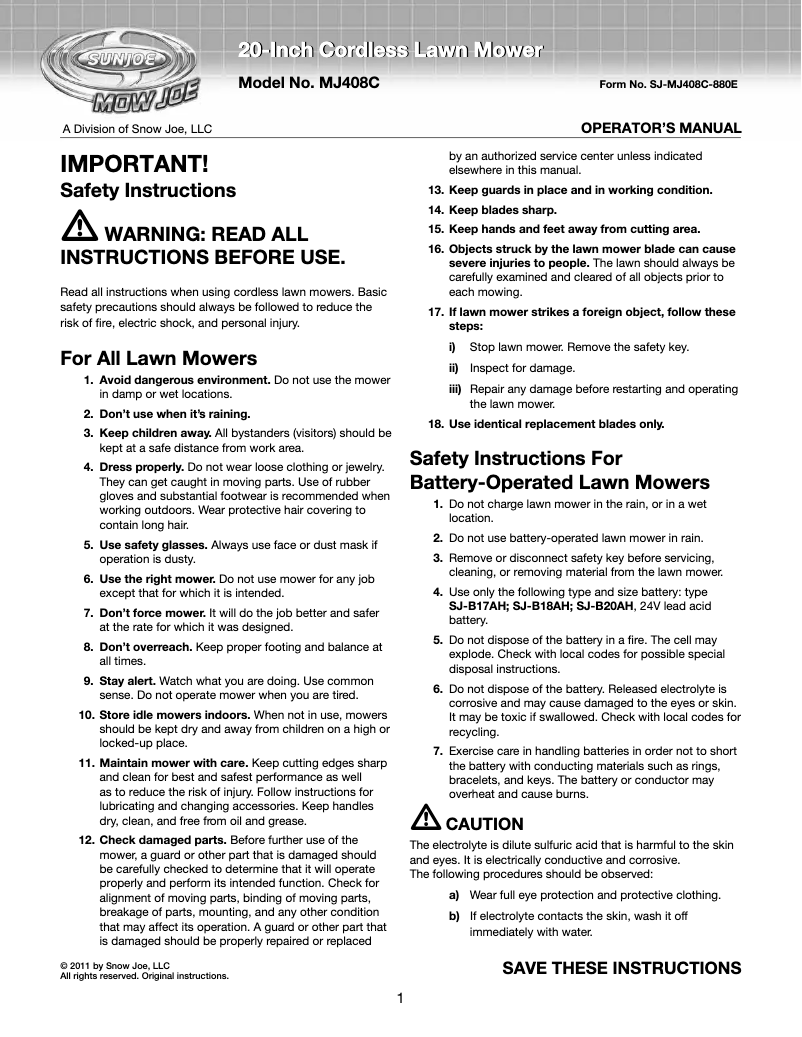 Image de la première page du manuel de l'appareil Mow Joe MJ408C