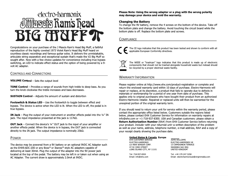 Page 1 de la notice Manuel utilisateur Electro Harmonix J Mascis Ram's Head