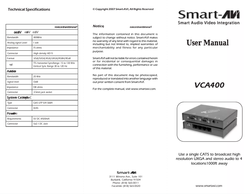 Page 1 de la notice Manuel utilisateur Smart-AVI VCA-400S