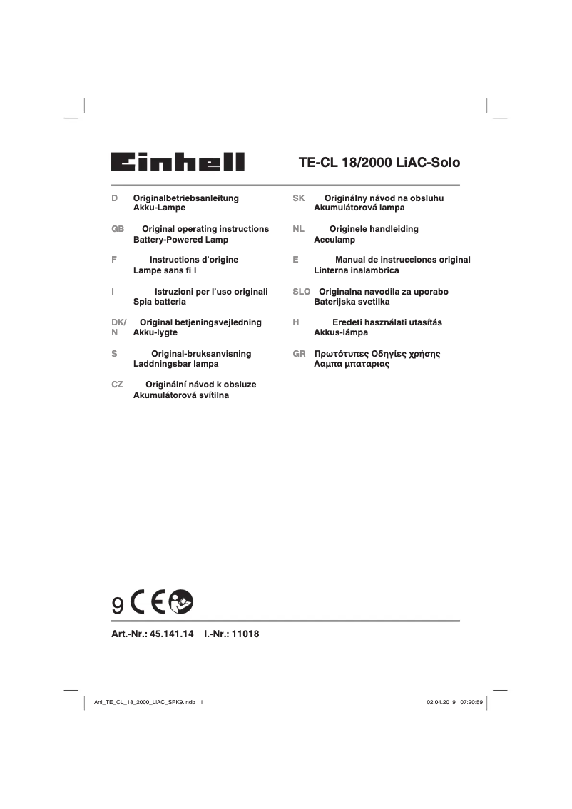 Page 1 de la notice Manuel utilisateur Einhell TE-CL 18/2000 LiAC
