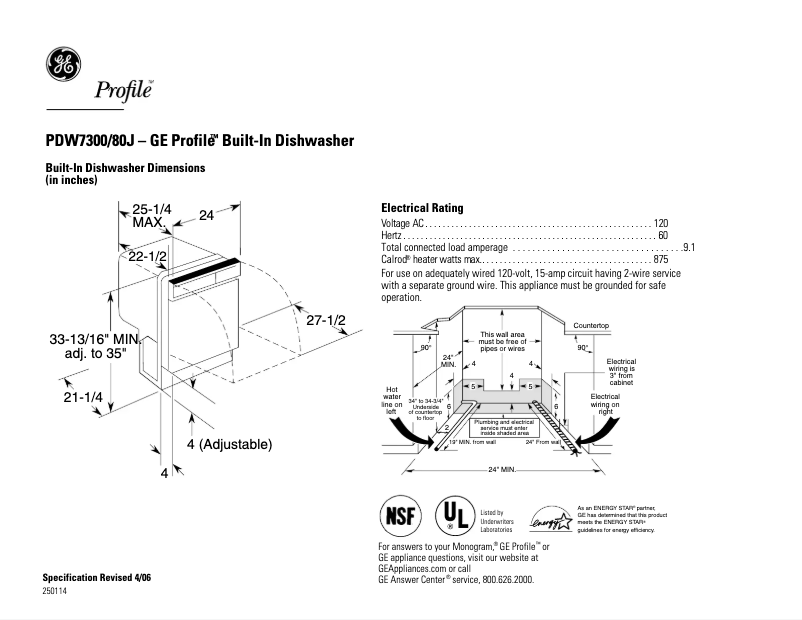Page 1 de la notice Fiche technique GE PDW7300JBB