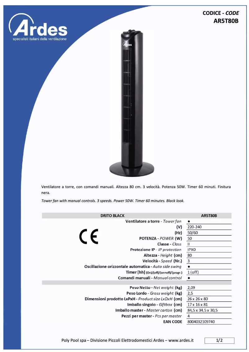 Page 1 de la notice Fiche technique Ardes AR5T80B