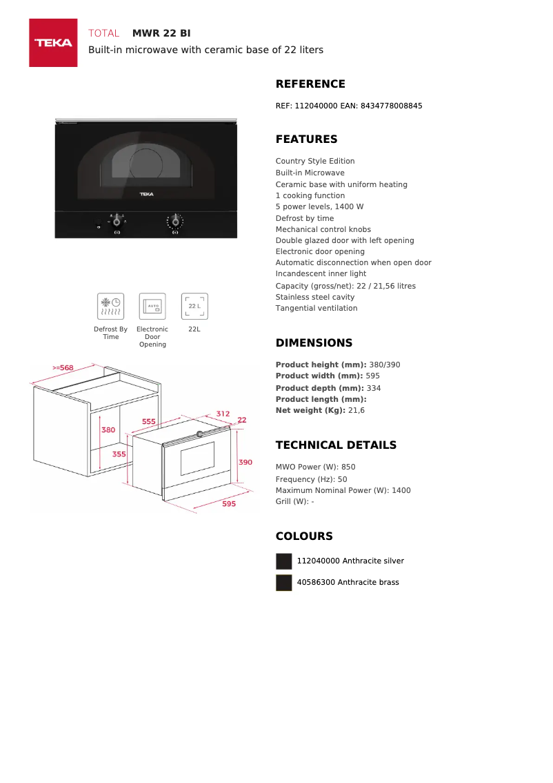 Page n°1 - Fiche technique Teka MWR 22 BI