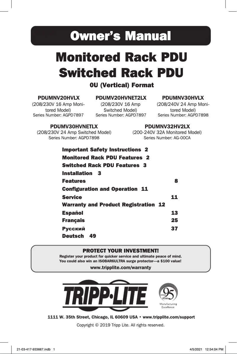 Page 1 de la notice Manuel utilisateur Tripp Lite PDUMV20HVNET2LX