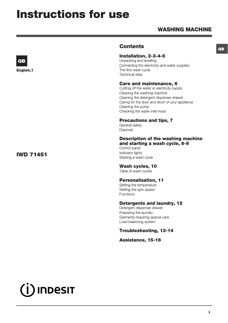 Page 1 de la notice Manuel utilisateur Indesit IWD 71451 ECOT