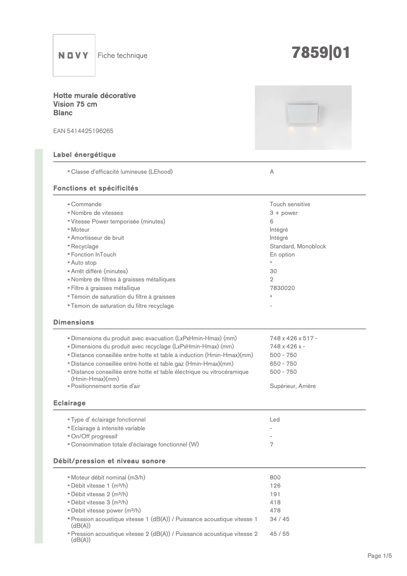 Page 1 de la notice Fiche technique Novy Vision 7859