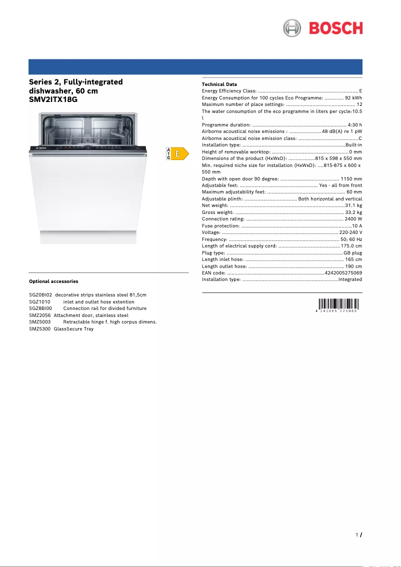 Page 1 de la notice Fiche technique Bosch SMV2ITX18G