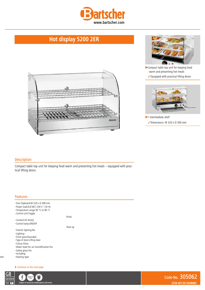 Page 1 de la notice Fiche technique Bartscher 5200 2ER