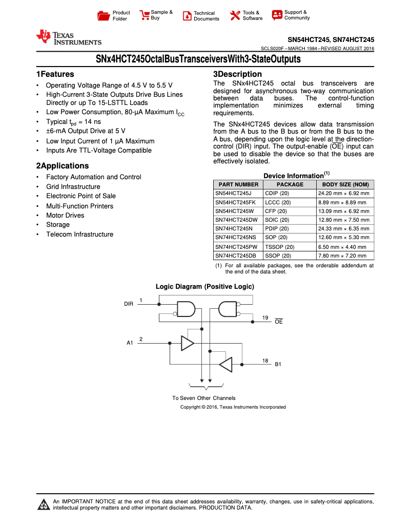 Page 1 de la notice Manuel utilisateur Texas Instruments SN74HCT245PWR