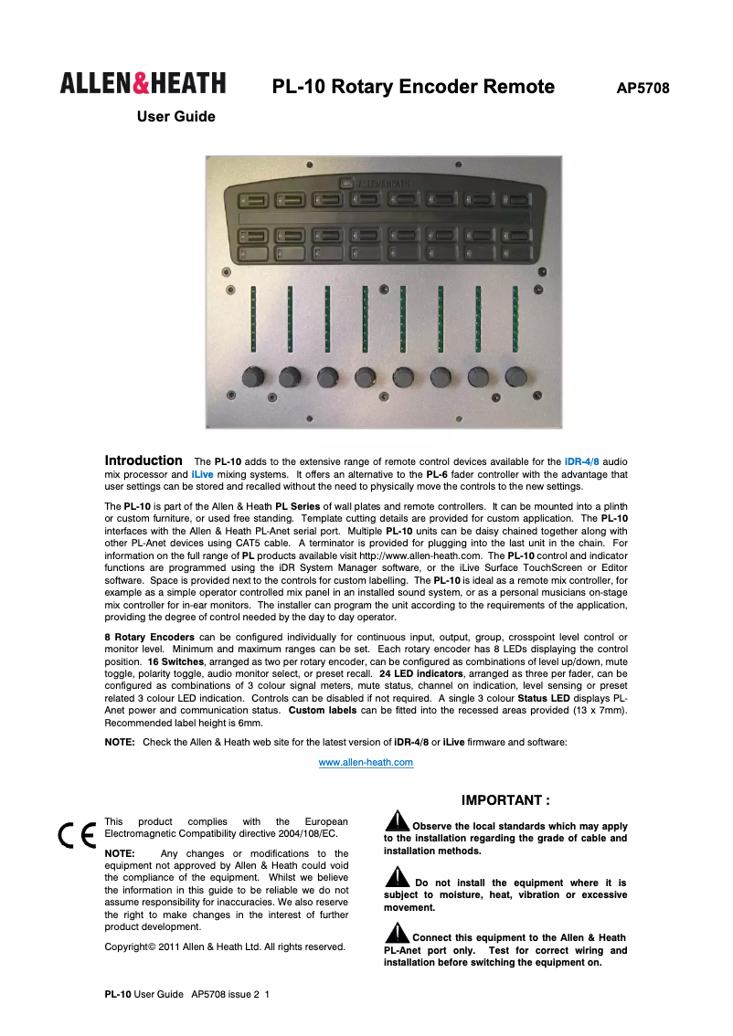 Page n°1 - Manuel utilisateur Allen & Heath PL-10