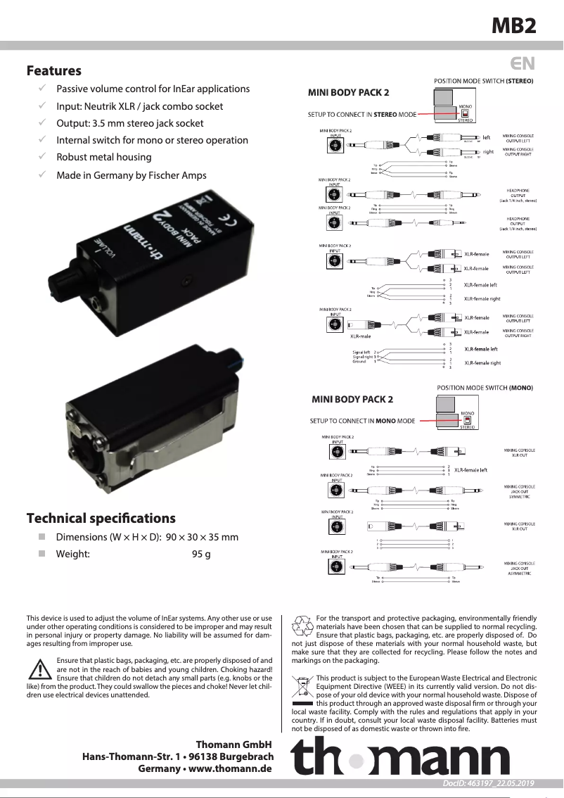 Page 1 de la notice Manuel utilisateur Thomann MB2