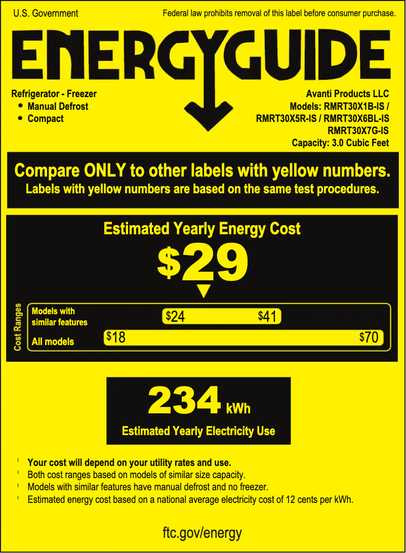 Page 1 de la notice Label énergétique Avanti RMRT30X7G-IS