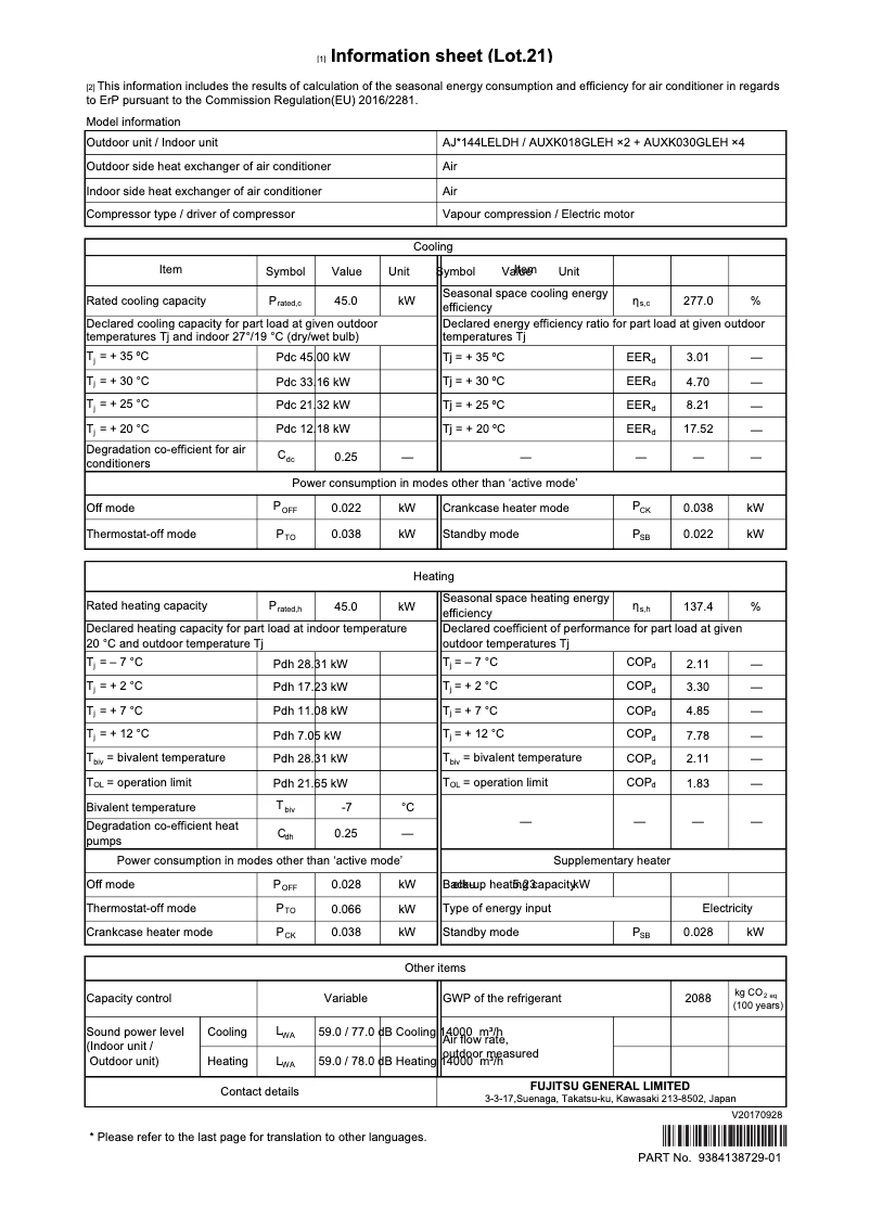 Page 1 de la notice Fiche technique Fujitsu AIRSTAGE AJY144LELDH