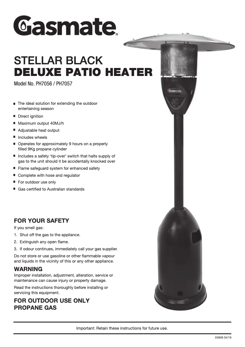 Page 1 de la notice Manuel utilisateur Gasmate Deluxe Patio VHL109