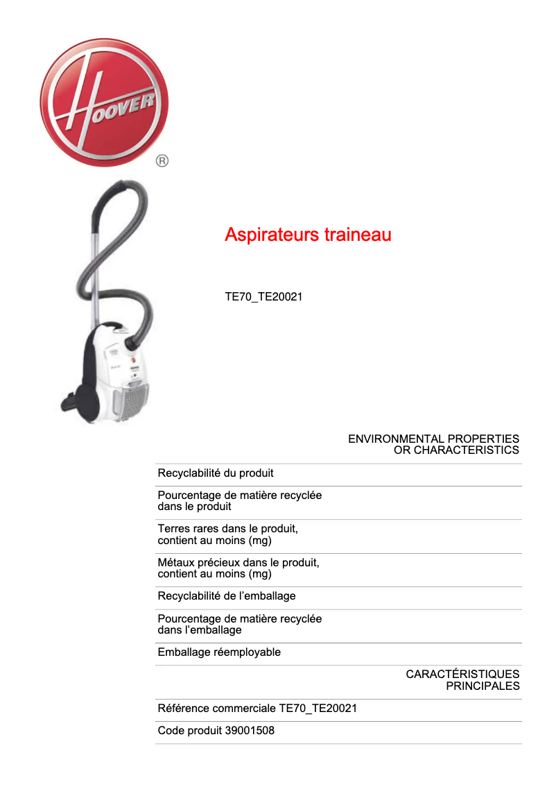 Page 1 de la notice Fiche technique Hoover TE70_TE20021