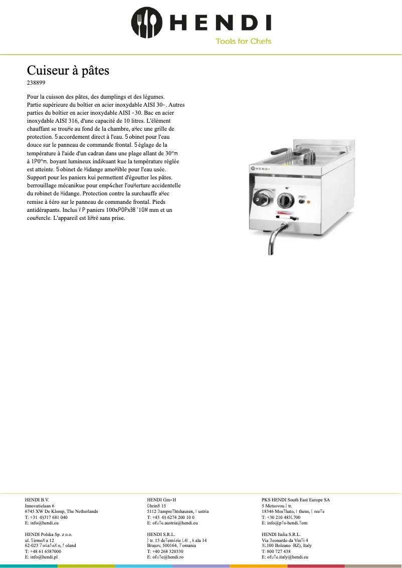 Page 1 de la notice Fiche technique Hendi 238899
