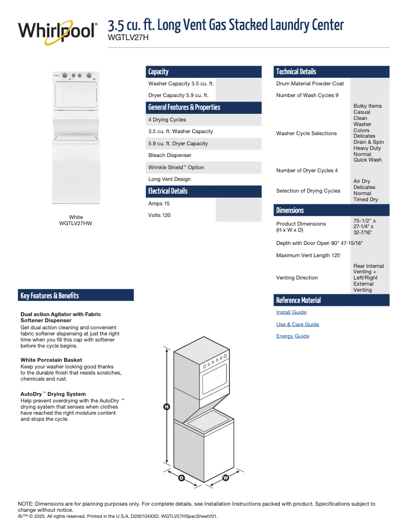 Image de la première page du manuel de l'appareil WGTLV27HW