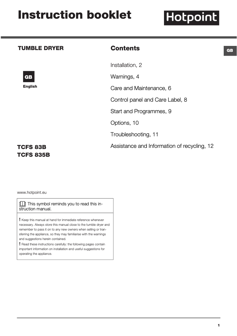 Image de la première page du manuel de l'appareil TCFS 83B GK.9 (UK)