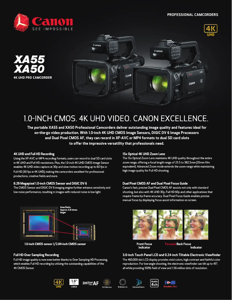 Page 1 de la notice Fiche technique Canon XA50