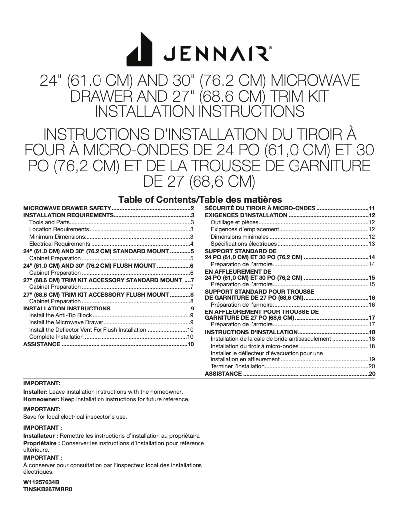Page n°1 - Guide d'installation JennAir JMDFS24GS