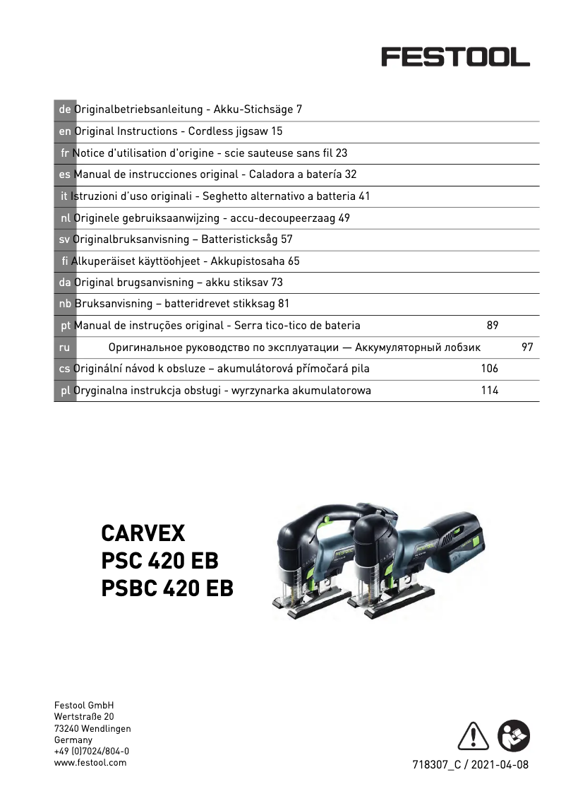 Page 1 de la notice Manuel utilisateur Festool CARVEX PSBC 420 Li 18