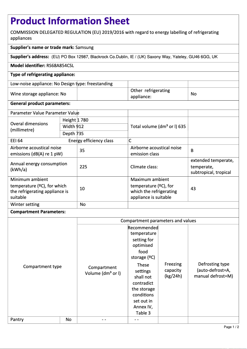 Page n°1 - Fiche technique Samsung RS68A854CSL
