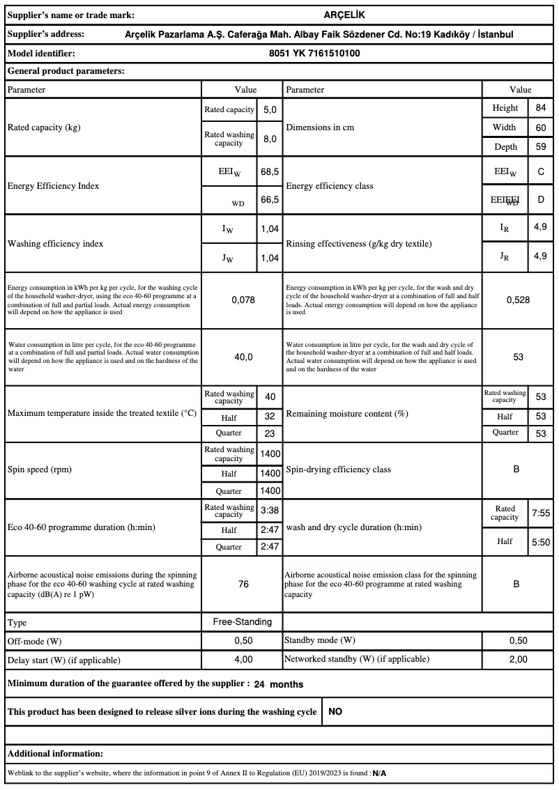 Page n°1 - Fiche technique Arçelik 8051 YK