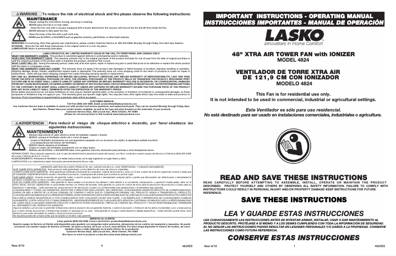 Page 1 de la notice Manuel utilisateur Lasko 4824