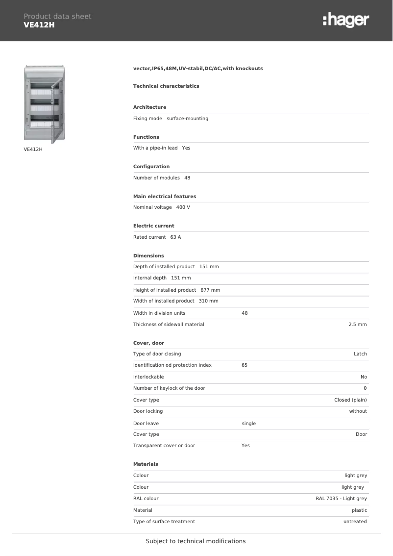 Page n°1 - Fiche technique Hager VE412H