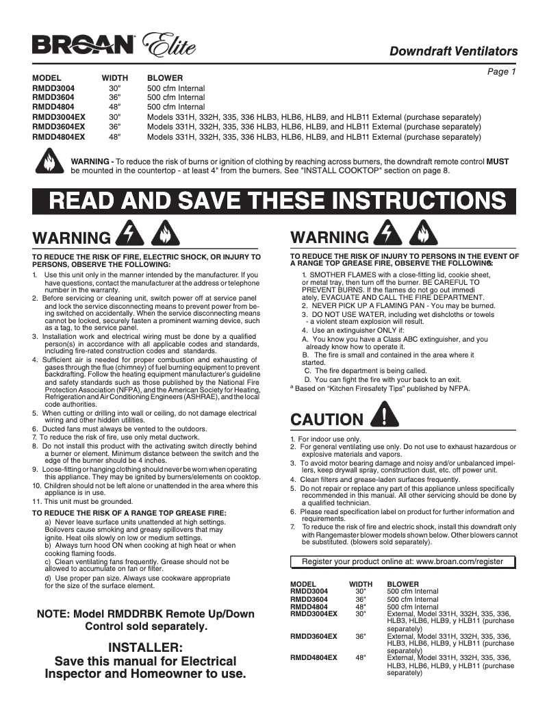 Page 1 de la notice Guide d'installation Broan RMDD4804