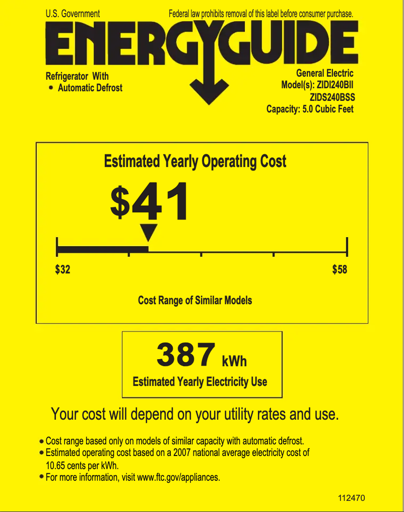 Page 1 de la notice Label énergétique GE ZIDS240BSS