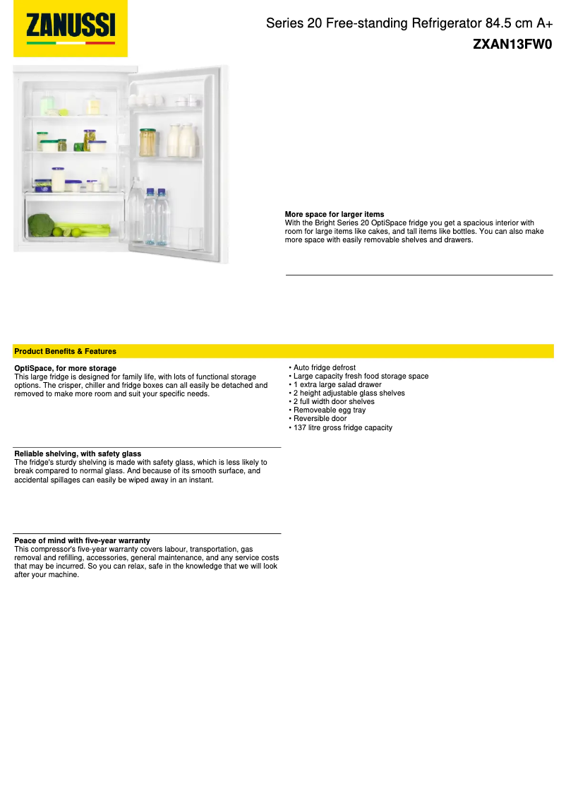 Page 1 de la notice Fiche technique Zanussi ZXAN13FW0