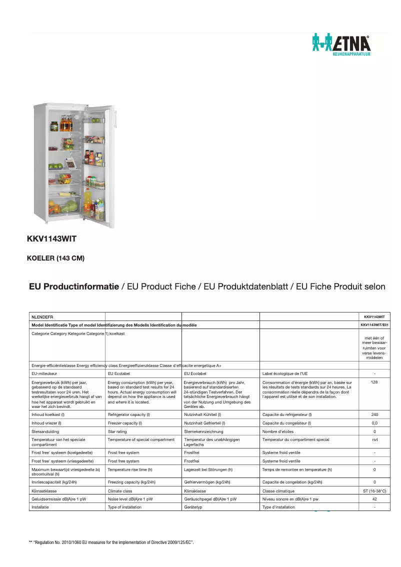 Page 1 de la notice Fiche technique Etna KKV1143WIT