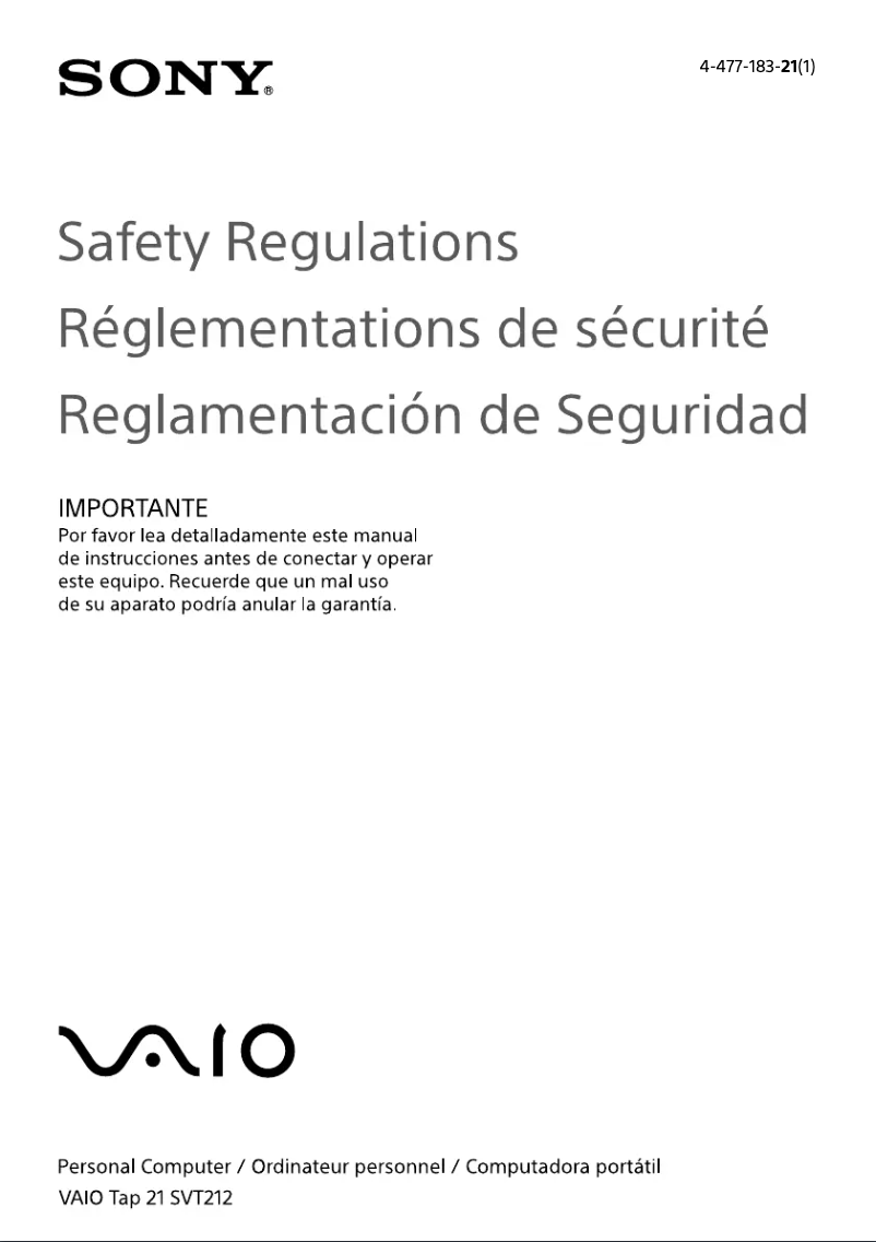 Página 1 del manual Instrucciones de seguridad Sony Vaio Tab 21 SVT21216CXB