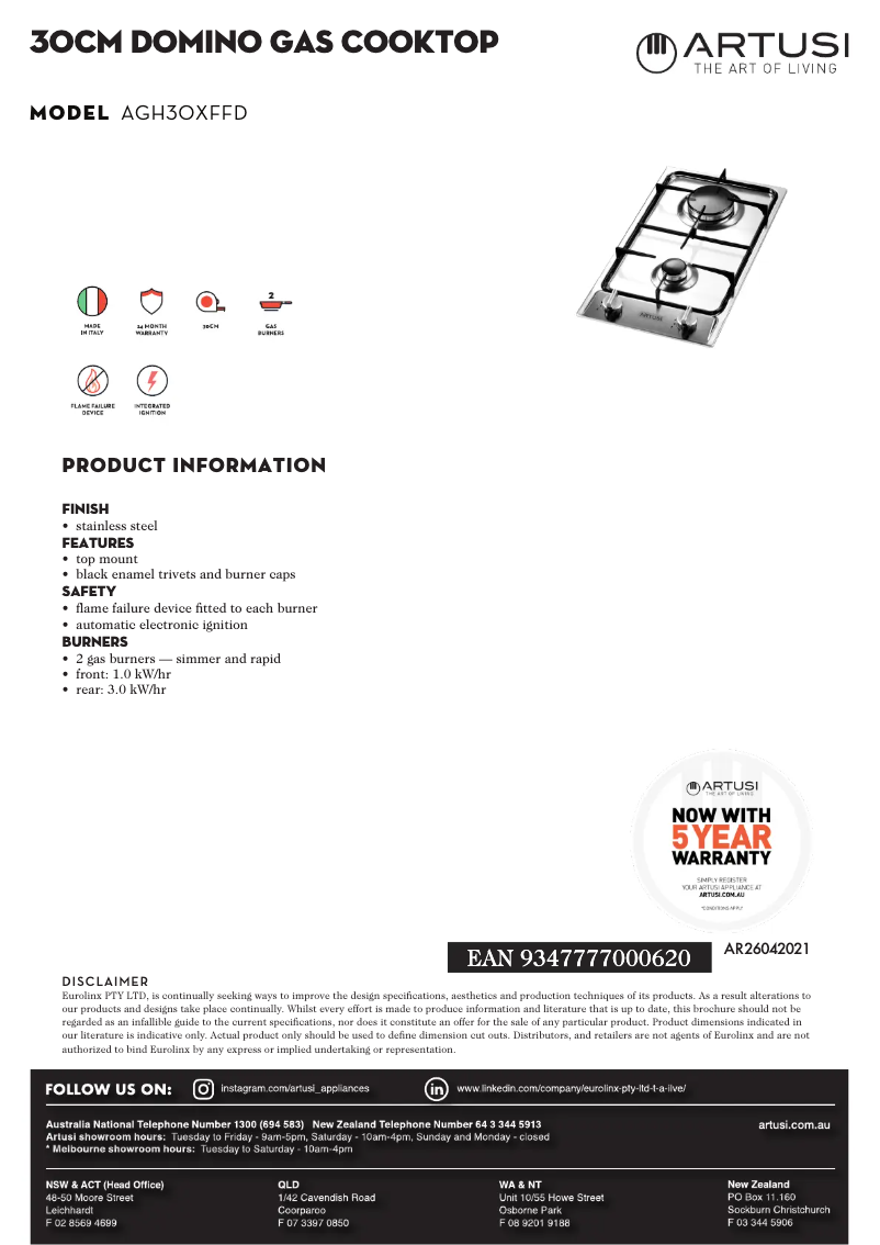 Página 1 del manual Ficha técnica Artusi AGH30XFFD