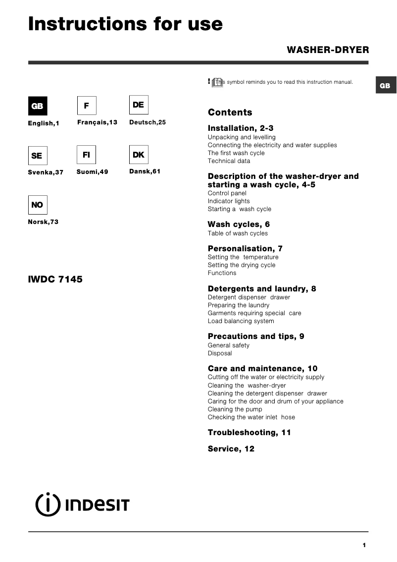Page 1 de la notice Manuel utilisateur Indesit IWDC 7145