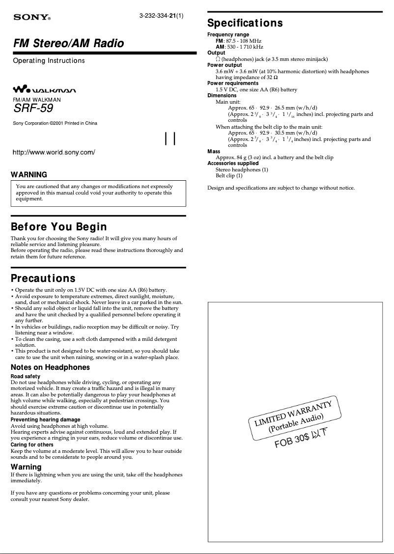 Page n°1 - Manuel utilisateur Sony SRF-59